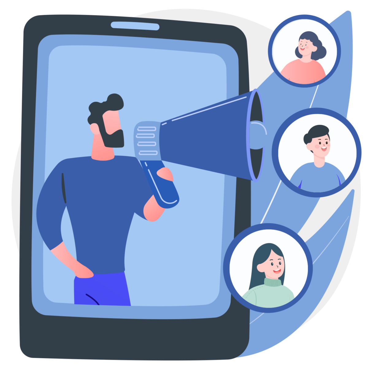 illustration of a man inside of a mobile phone using a bullhorn to reach people
