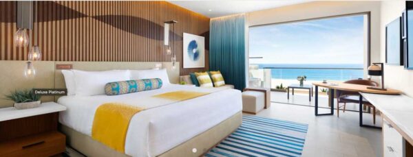 Single occupancy hotel room at the Hard Rock Los Cabos All-Inclusive Resort with ocean view