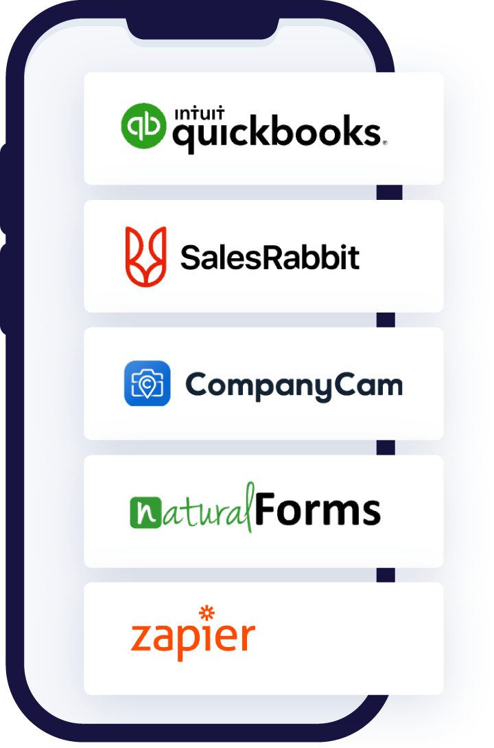 JobNimbus QuickBooks, SalesRabbit, CompanyCam, NaturalForms, and Zapier partner logos over a mobile phone