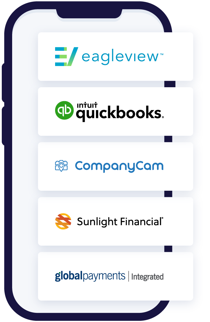 JobNimbus EagleView, QuickBooks, CompanyCam, Sunlight Financial, and Global Payments Integrated partner logos over a mobile phone