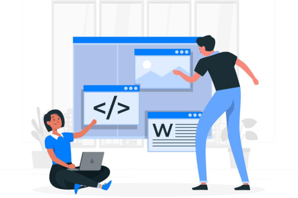 Illustration of people using software