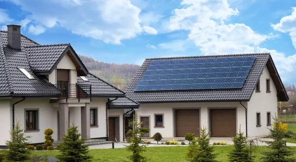 House and a garage with solar panels on the roof