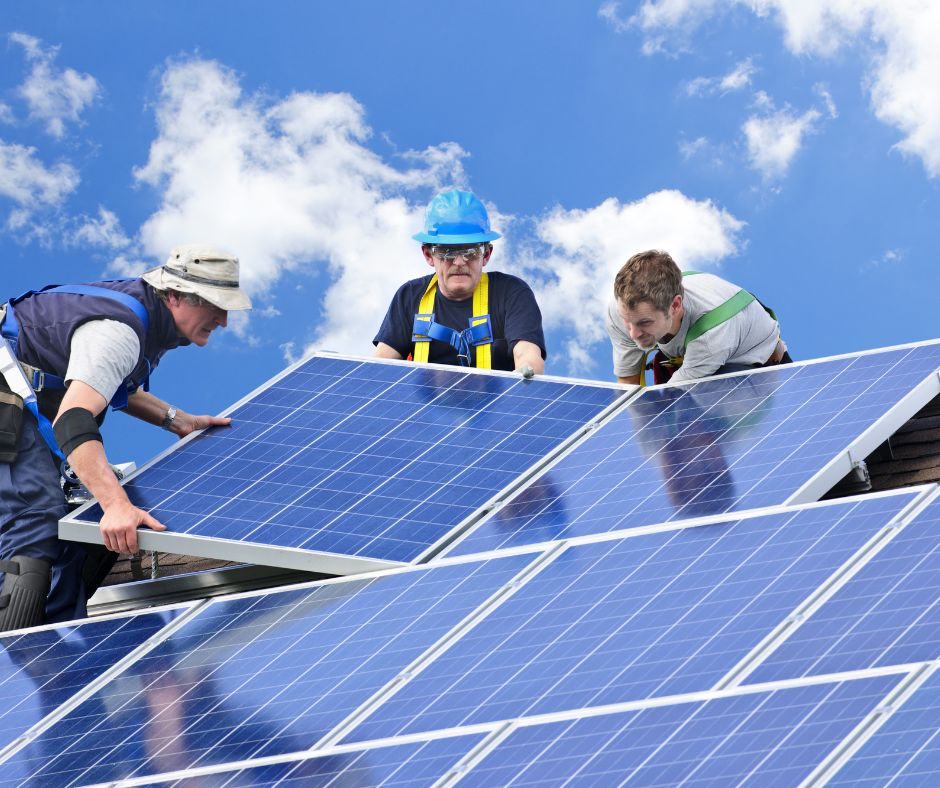 team of solar panel installers placing a panel