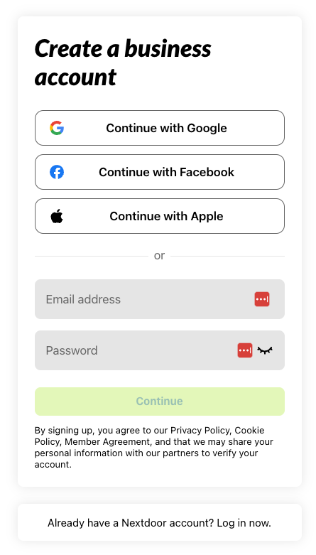 Making a password during Nextdoor account setup