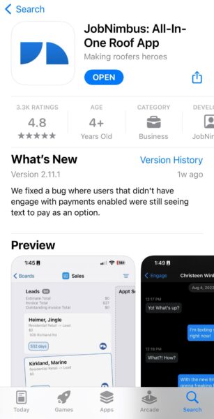 The JobNimbus mobile app in the app store