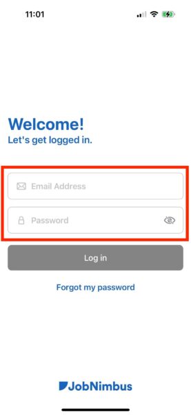 The JobNimbus mobile app login screen highlighting the email and password boxes