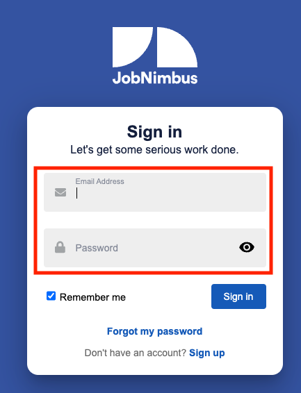 The JobNimbus login screen highlighting the username and password boxes