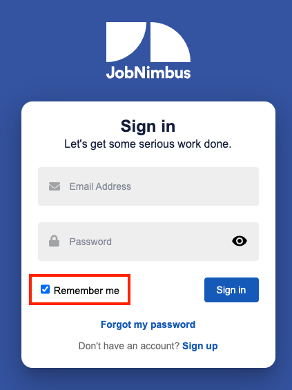 The JobNimbus sign in screen highlighting the remember me checkbox