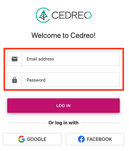 Cedreo login screen for email and password sign in