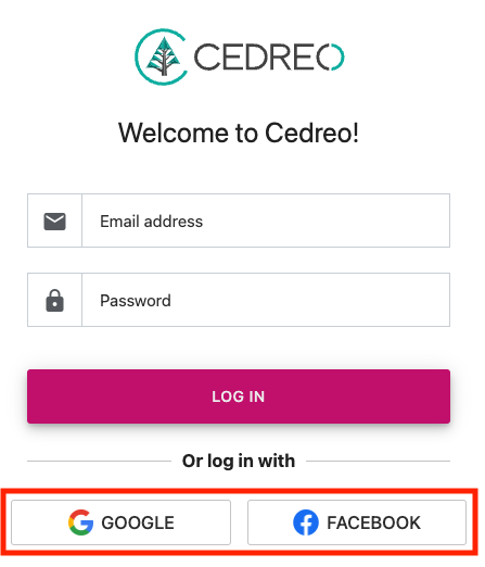 Cedreo Google and Facebook login options