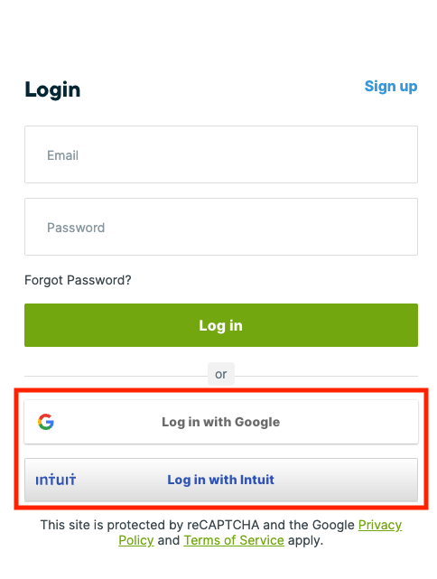 Jobber Google and Intuit login options