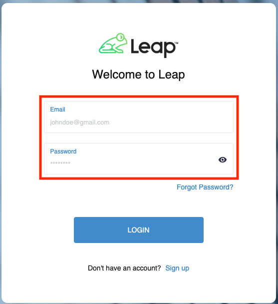 The Leap/JobProgress login screen with highlighted email and password box