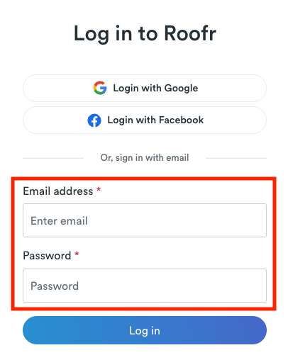 Roofr email login options