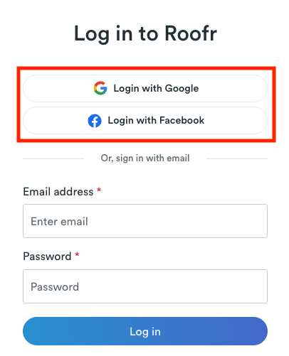 Roofr Google and Facebook login options
