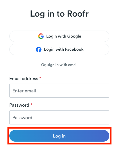 Roofr sign in page with highlighted login button