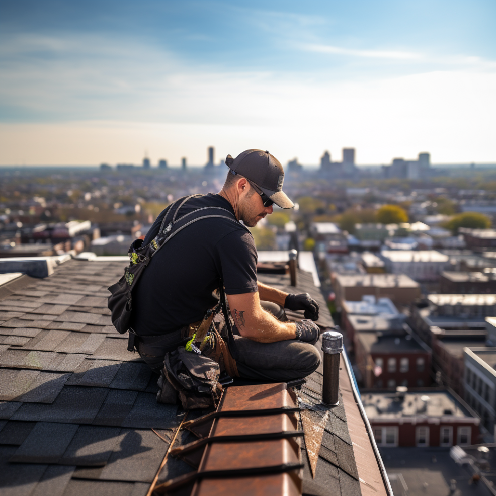 A roofing contractor working on a roof with a view of the city in the background