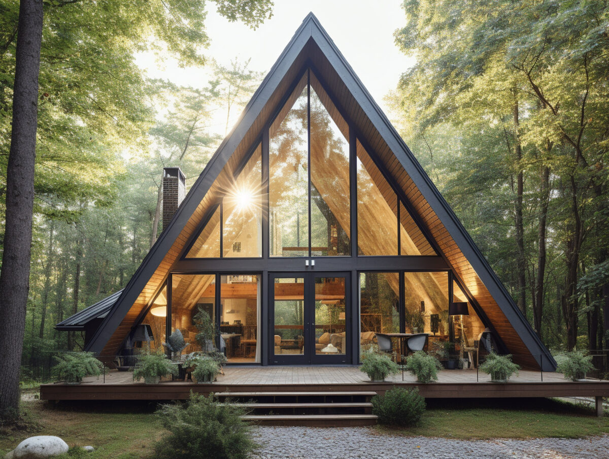 a-frame glass house in the woods