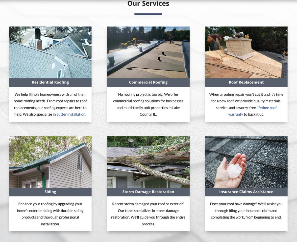 a roofing website page with their listed services
