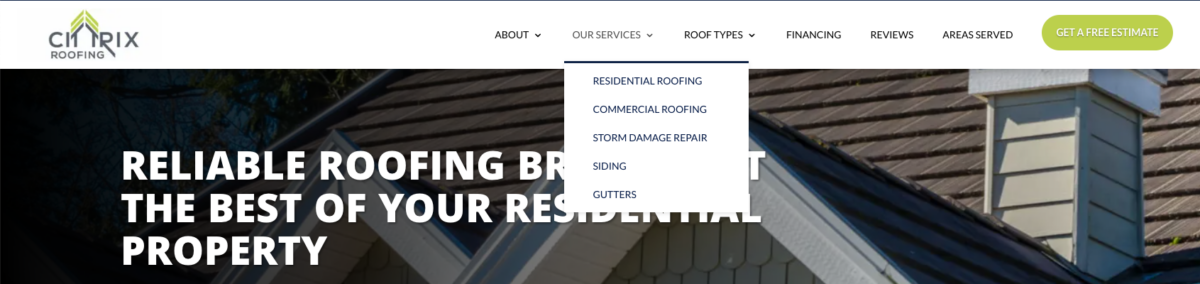 the dropdown of a roofing company's services on their website