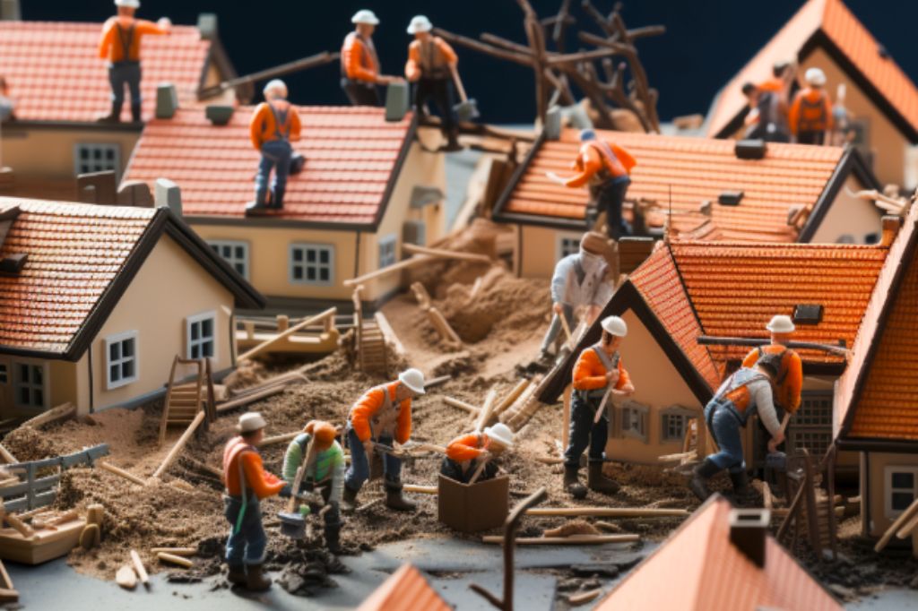 Model city with roofers working on homes