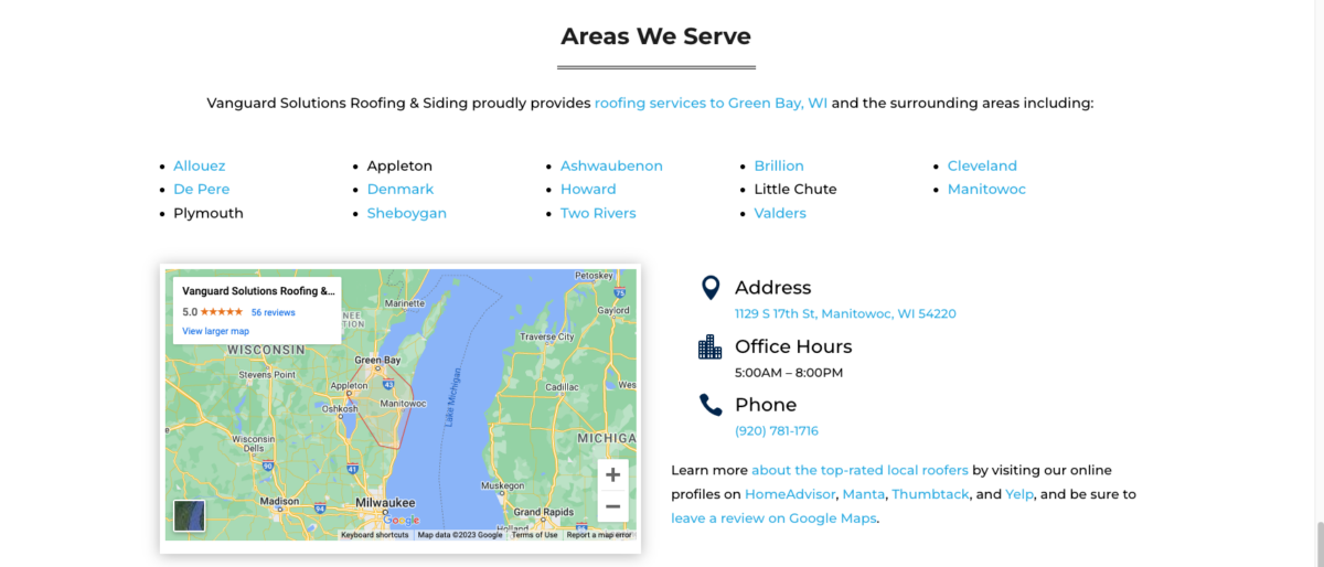 best roofing website service area example